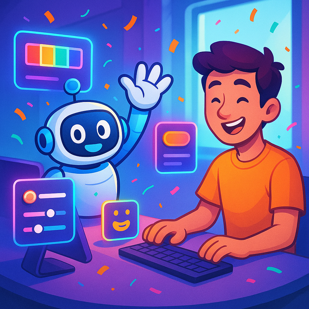 A cheerful cartoon boy sits at a desk typing on a keyboard, smiling at a friendly robot who is waving. Colorful, glowing UI elements and confetti float around them, creating a festive, playful atmosphere. The scene suggests a fun interaction between a human and AI in a bright, tech-inspired environment.